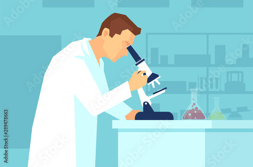 Vector of a man scientist or clinical pathologist looking into a microscope