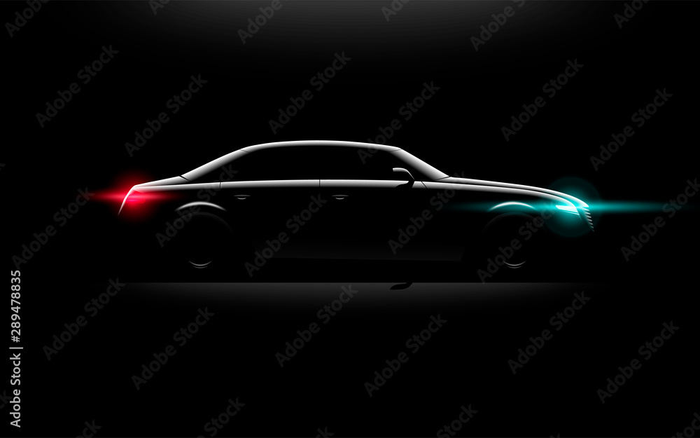 Realistic business luxury prestige car lit in the night, Vector illustration