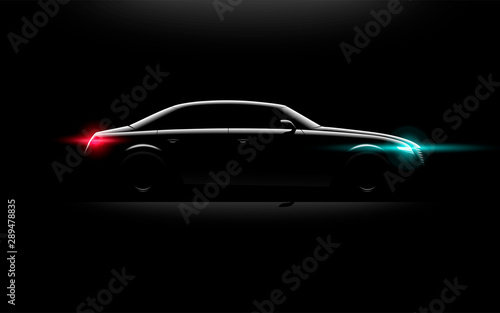 Realistic business luxury prestige car lit in the night, Vector illustration