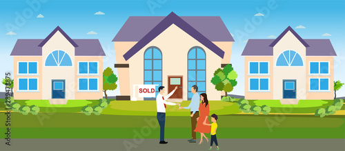 Vector of a real estate agent giving new house keys to a young family