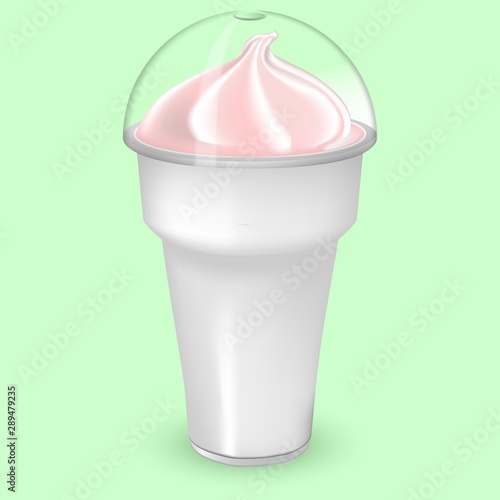 White plastic cup with pink ice cream or whipped milk with transparent cover isolated on light background. Mockup plastic cup template. Single realistic detail object close up.