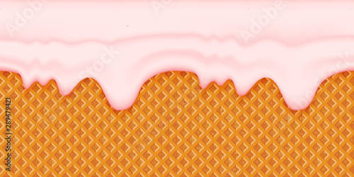 Pink smudges of glaze on a waffle background. Horizontal seamless crisp element with streaks. Template for frosting cone of ice cream.
