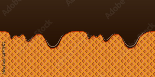Brown smudges of glaze on a waffle background. Horizontal seamless crisp element with streaks. Template for frosting cone of ice cream.