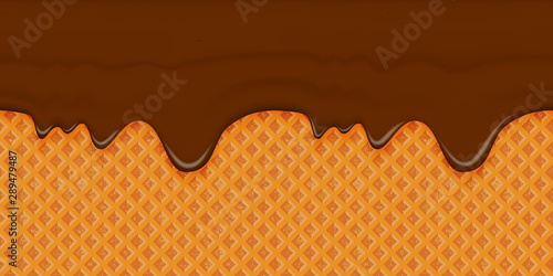 Brown glaze flows down on a waffle background. Horizontal seamless appetizing element with smudges. Template for frosting cone of ice cream.