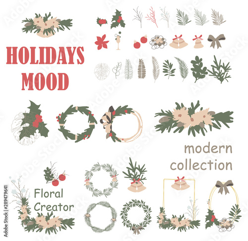 Christmas Wreath Frame Collection. christmas invitation and greeting template. vintage cartoon car. business shopping gift voucher customer sale promotion layout, banner web design vector illustration