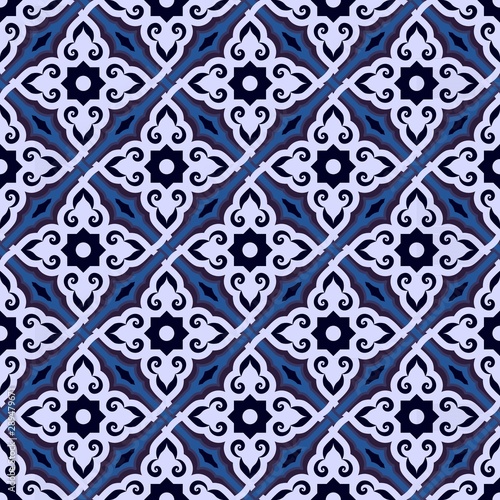 Arabic seamless pattern in blue tones. Islamic arabesque design ornament with colorful detail of mosaic.