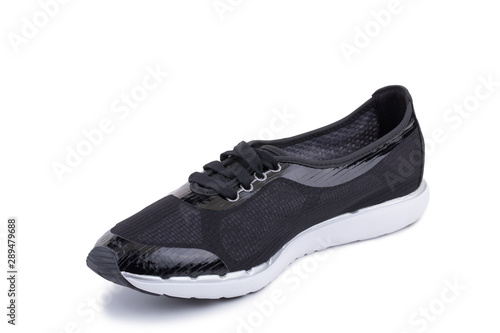 One black fiber fabric casual sneakers shoe isolated white background