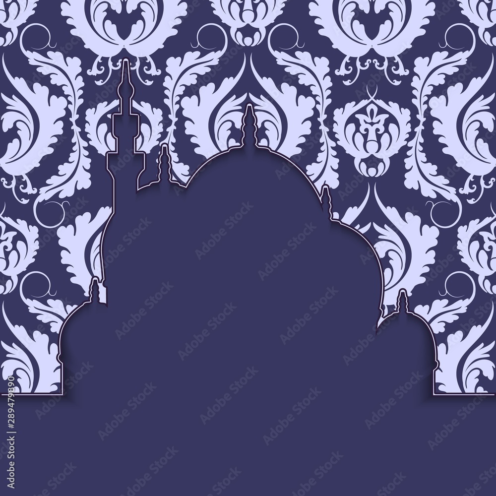 Silhouette of a mosque with ornament. Islamic Background or Banner and Card design with space for text.