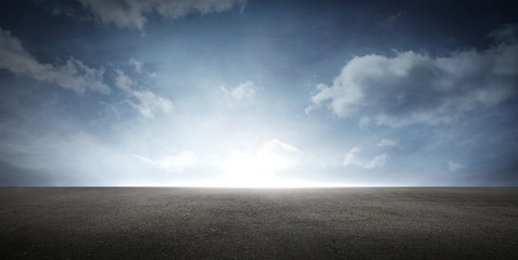 Panoramic Dark Floor Background with Beautiful Cloud Horizon Sky