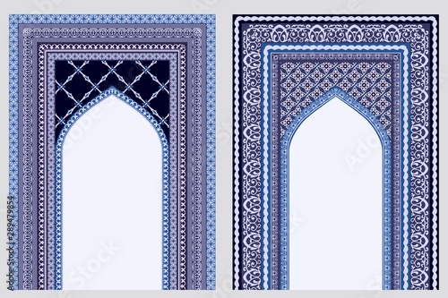 Eid-Al-Fitr festive card collection design templates with Islamic blue ornament. National background for holiday of Muslim community. Ramadan Kareem banners with space for text.