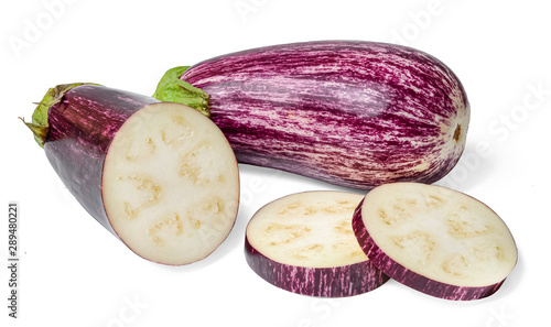 Whole and sliced eggplant graffiti. Isolation on a white background. Juicy bright colors. Side view.
