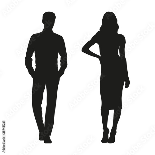 Set vector silhouettes man and woman, business people, couple, walking, black color, isolated on white background