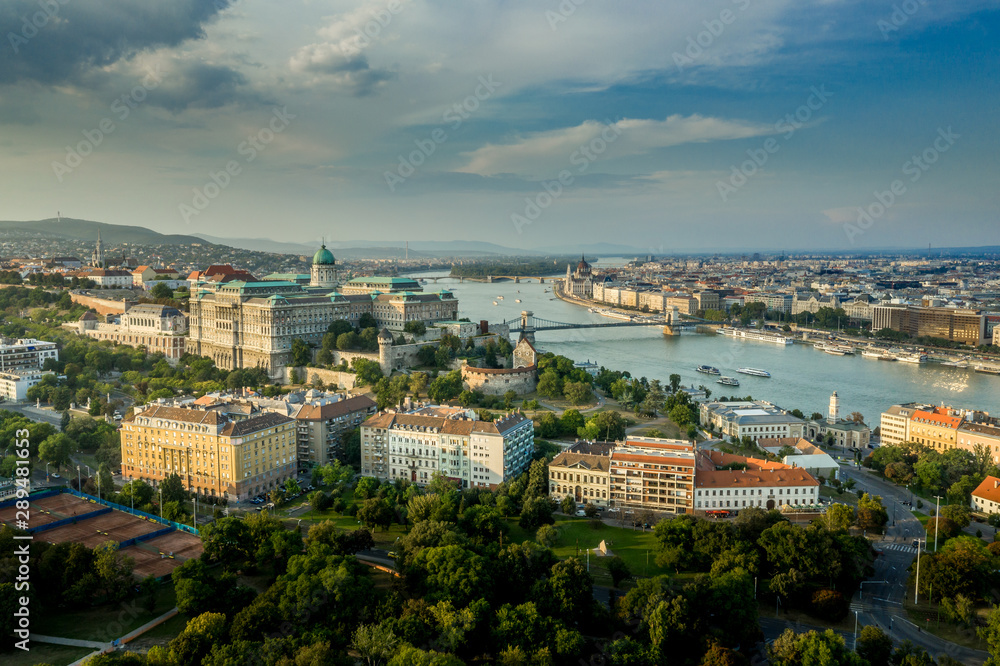Aerial view of Buda castle the Danube, the Chain bridge from the Taban in Budapest Hungary