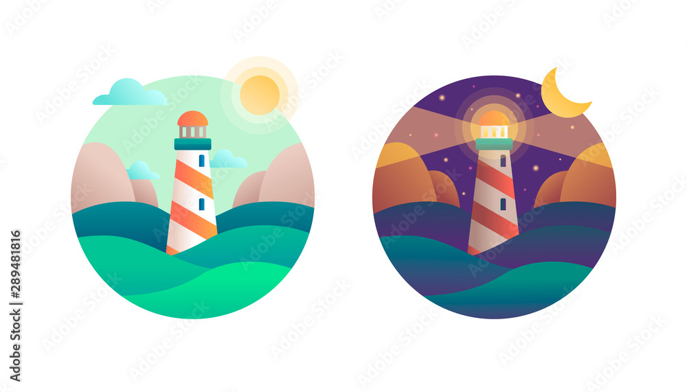 Lighthouse in the ocean. Day and night moon and sun Lighthouse in the ocean. Day and night moon and sun