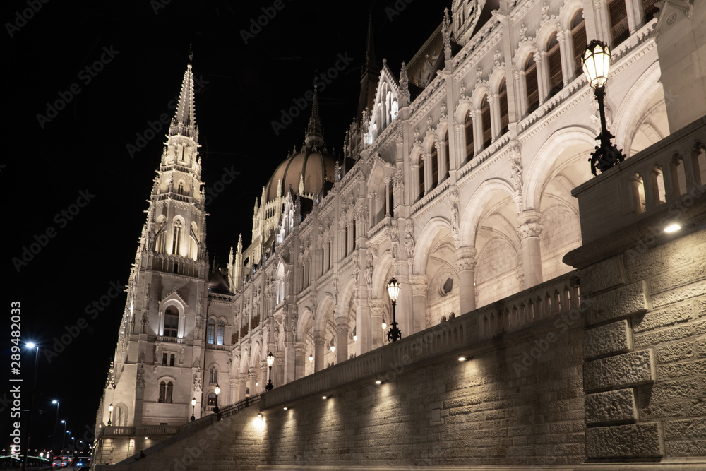 The lit up house of Parliament in Budapest Hungary at night
