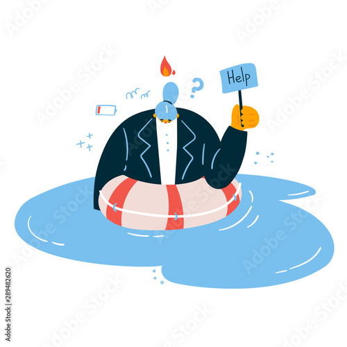 Emotional burnout woman in the water with a sign Help, dressed in a lifebuoy.Tired and exasperated office worker in despair with fire over her head.Stress at work.Burnout concept.Vector illustration photo