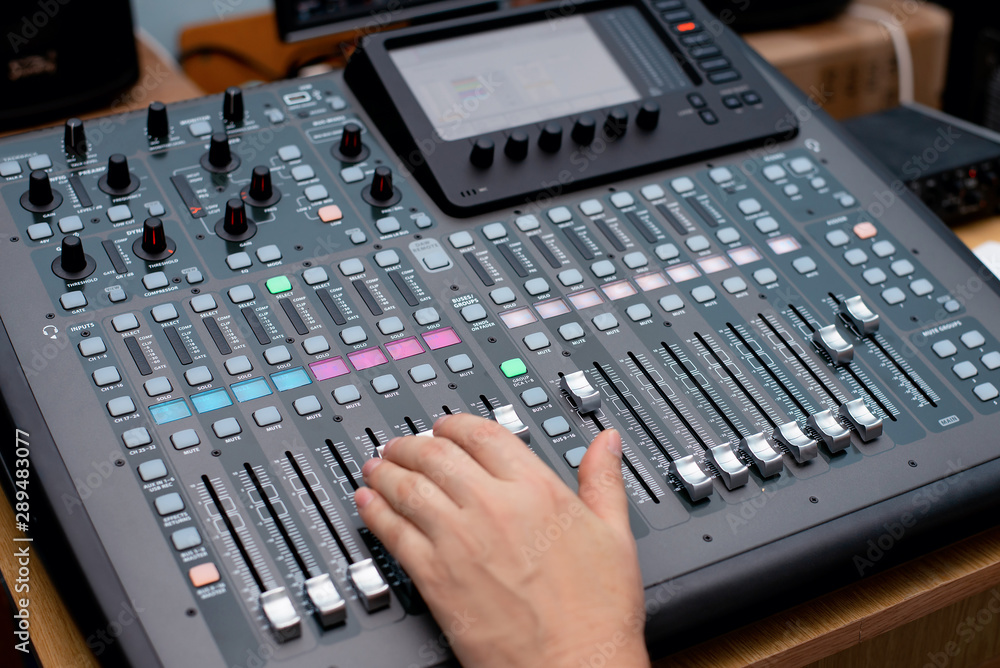sound engineer dj. mixing console. sound recording date in the studio. audio equipment speaker amplifier sound engineer dj. mixing console. sound recording date in the studio. audio equipment speaker amplifier