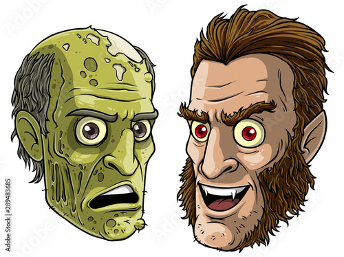 Cartoon colorful smiling funny green dead zombie monster and werewolf with whiskers and canines. Isolated on white background. Halloween vector icon set.
