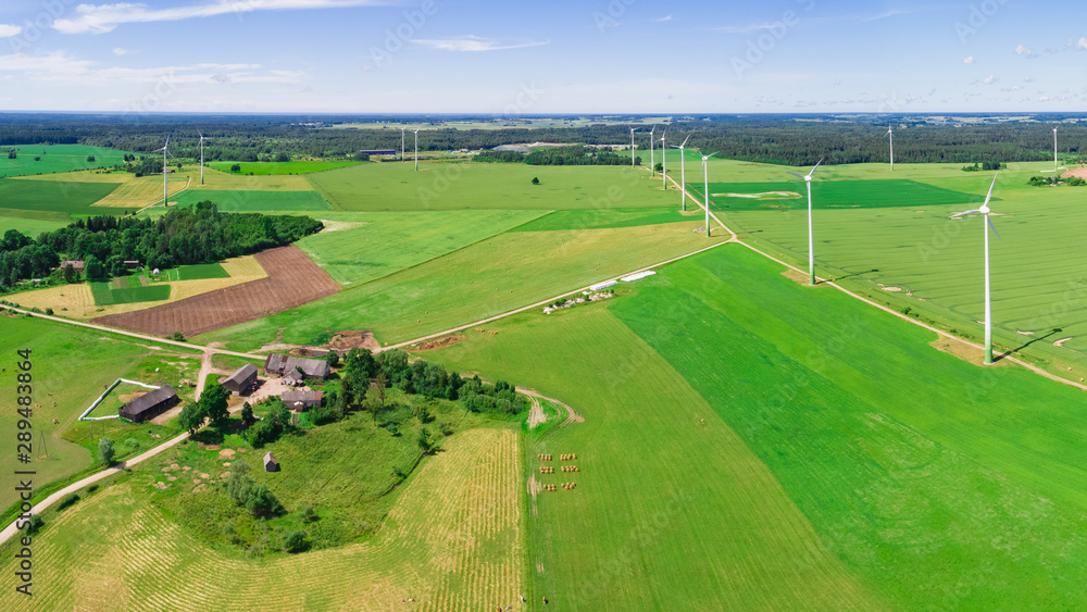 Wind turbines in open green field with blue sky background. 