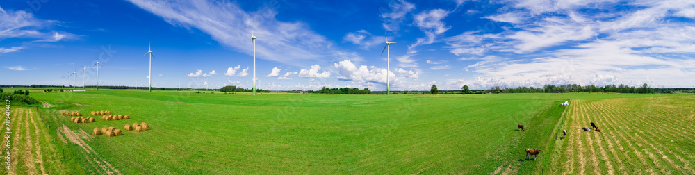 Wind turbines in open green field with blue sky background. Wind turbines in open green field with blue sky background.