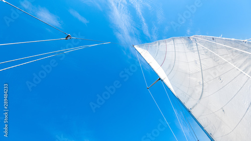 Closeup view of white yacht sail.