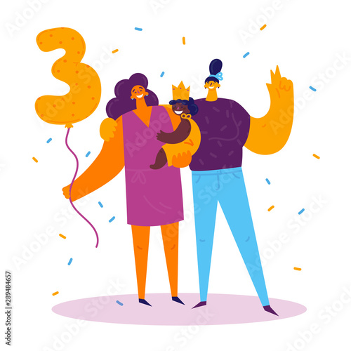 Homosexual female lgbt family.Two moms with daughter celebrate birthday.Gay couple with child. Two women with baby.Non-traditional family.Girl celebrating her third birthday.Gay parents.Vector