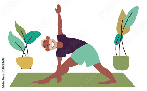 Flat style cartoon cute character, elderly middle aged man doing yoga on the mat surrounded by home plants. Healthcare, wellbeing, exercise concept. Minimalist vector illustration.