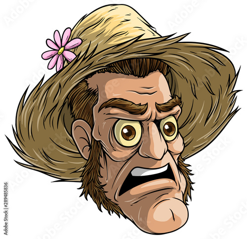 Cartoon colorful angry funny dead zombie monster character in farmer straw hat. Isolated on white background. Halloween vector icon.