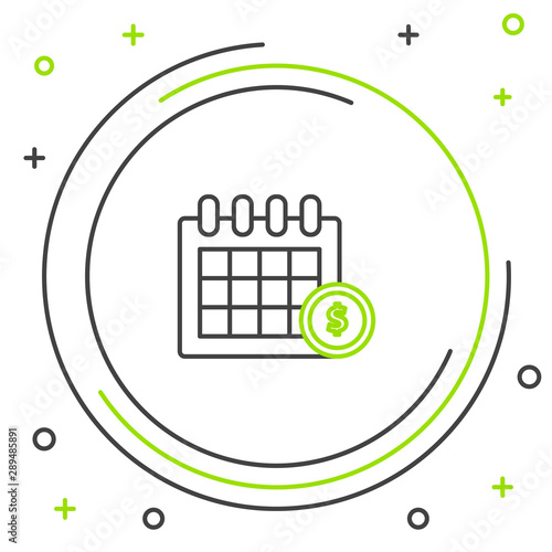 Black and green line Financial calendar icon on white background. Annual payment day, monthly budget planning, fixed period concept, loan duration. Colorful outline concept. Vector Illustration