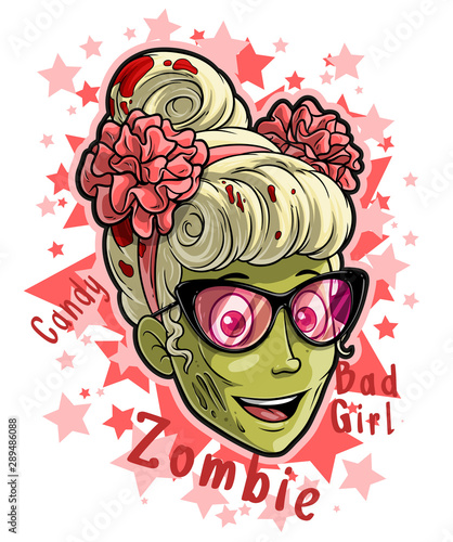 Cartoon colorful smiling funny green dead zombie monster blonde girl character in pink sunglasses and bow knot. Isolated on white background with stars. Halloween vector icon.