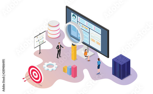 website data analysis tools with team people analyze data traffic and statistic with modern isometric style - vector