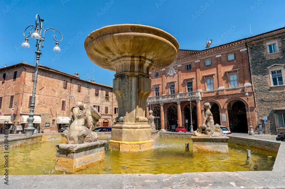 Italy, Marche, Matelica octagonal fountain statue in Mattei square.