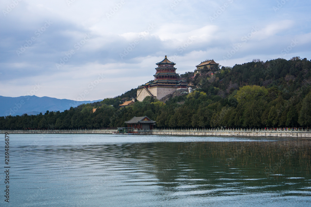 A beautiful day around the huge summer palace in the city of Beijing , its easy to get lost in the massive complex. 