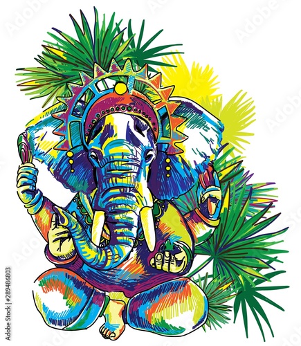 God Ganesh. Multicolored stylish sketch. Elephant head, Nirvana print, yoga.