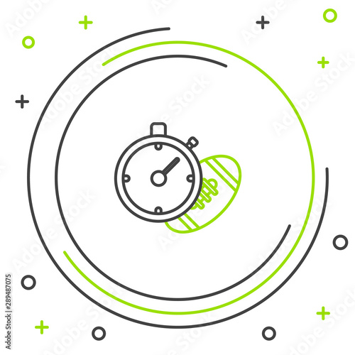 Black and green line American Football ball and stopwatch icon isolated on white background. Set of sport equipment. Colorful outline concept. Vector Illustration