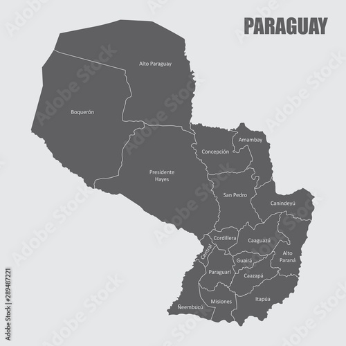 The Paraguay map divided into regions with labels