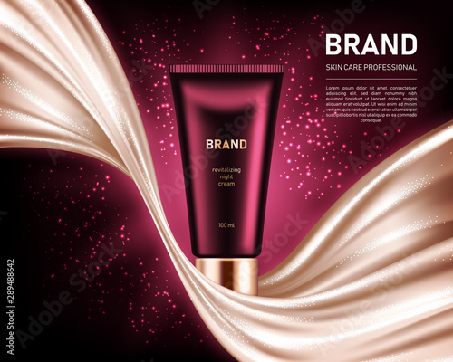 Realistic cream tube on dark red background with shiny smooth satin fabric. Cosmetic brand advertising concept design