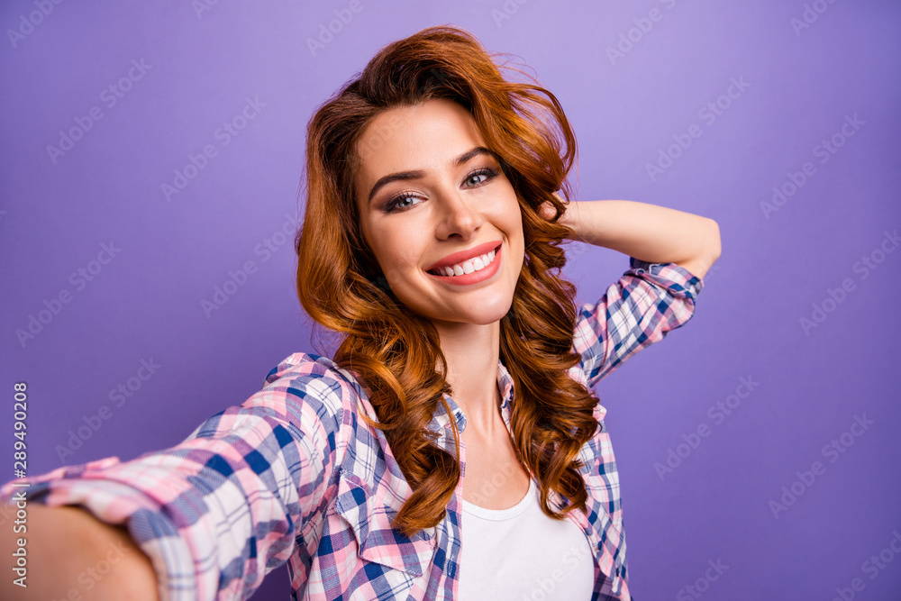 Photo of amazing foxy lady making selfies expressing best mood wear casual plaid shirt isolated purple color background Photo of amazing foxy lady making selfies expressing best mood wear casual plaid shirt isolated purple color background
