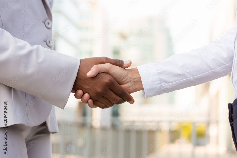 Female business colleagues shaking hands. Diverse business women in formal clothing meeting outside. Handshake closeup concept Female business colleagues shaking hands. Diverse business women in formal clothing meeting outside. Handshake closeup concept