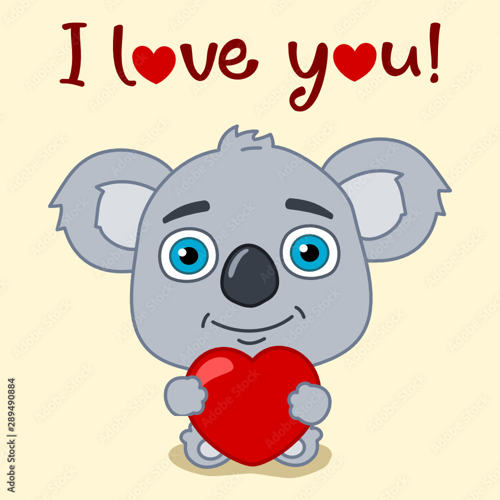 Valentine's day card - funny koala bear with red heart and text I love you  Stock Vector | Adobe Stock