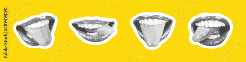 Collage of contemporary art in the style of a magazine with a set of female emotional lips. Closeup mouth girl expressing various emotions. Black and white tones colorful yellow background  