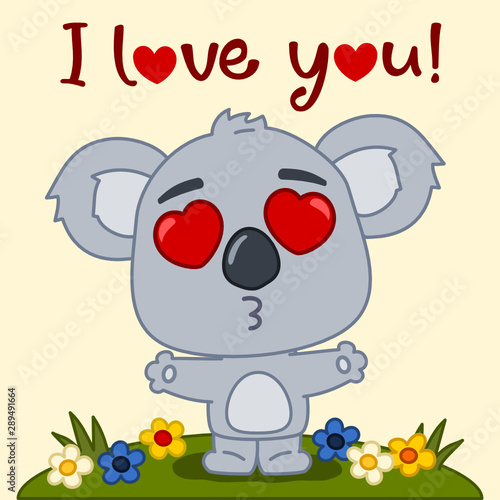 Valentine's card - cute koala bear with hearts in his eyes and text I love you!