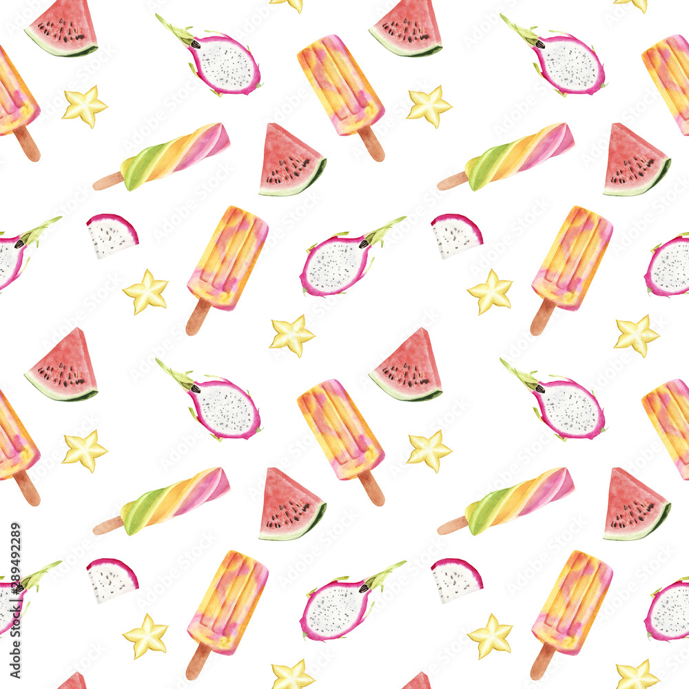 Seamless hand drawn Watercolor Pattern with Tropical fruit and ice cream on white background. Seamless hand drawn Watercolor Pattern with Tropical fruit and ice cream on white background.