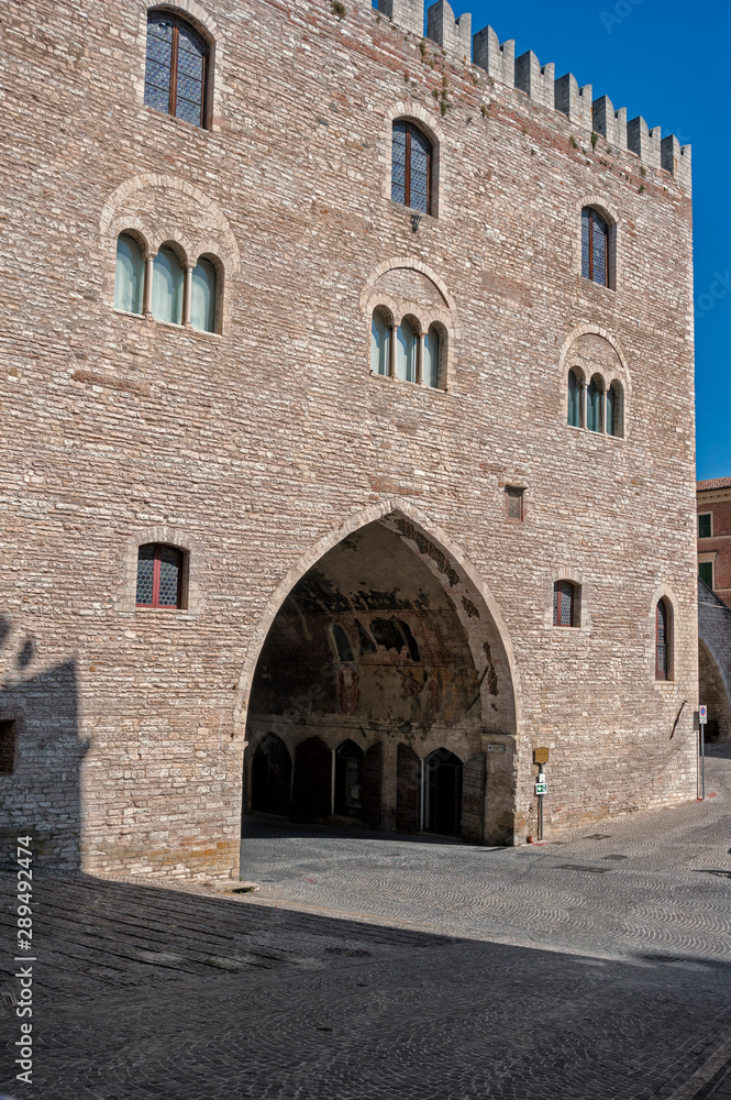 Fabriano. medieval PodestÃ  palace in the local romanesque-gothic local style, Marche, Italy.