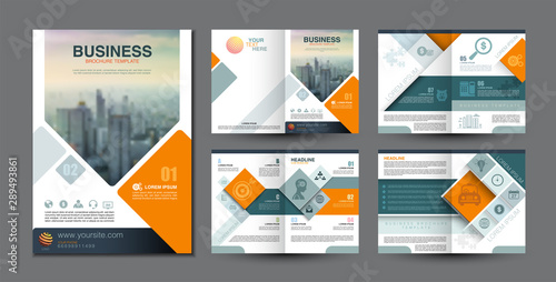 Business brochure template square design and graphic a4 scale, blue green and orange color theme, icon with symbol element, vector illustration