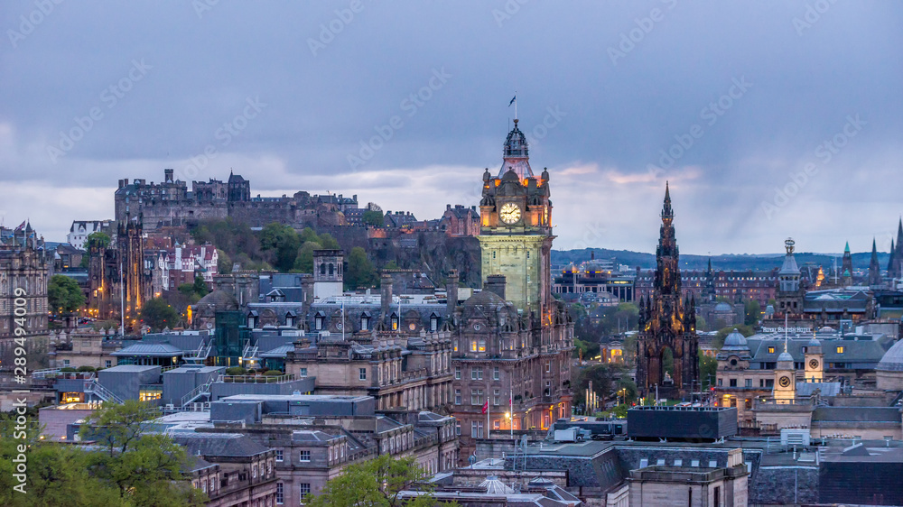 Edinburgh Castle Scotland UK beautiful city landmark architecture old town medieval Calton Hill Nelson Monument blue hour