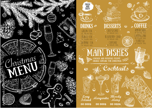Christmas menu. Restaurant menu. Hand drawn illustration.