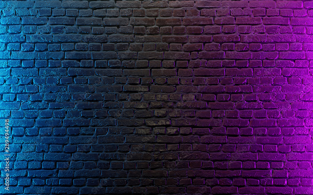 Fototapeta Nowożytni futurystyczni neonowi światła na starym grunge ściana z cegieł pokoju tle. Renderowania 3d