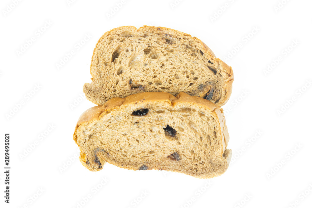 Close-up chocolate chip sliced bread isolated on white background. Close-up chocolate chip sliced bread isolated on white background.