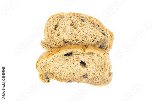 Close-up chocolate chip sliced bread isolated on white background.